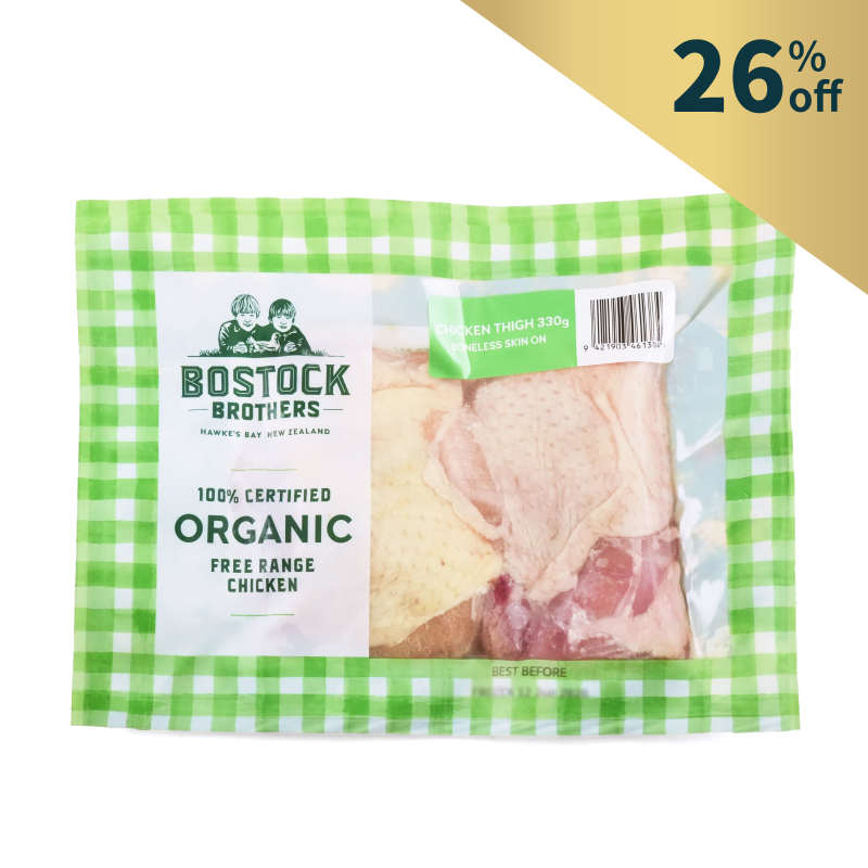 Frozen NZ Bostock Brothers Organic Chicken Boneless Thighs Skin On 330g*