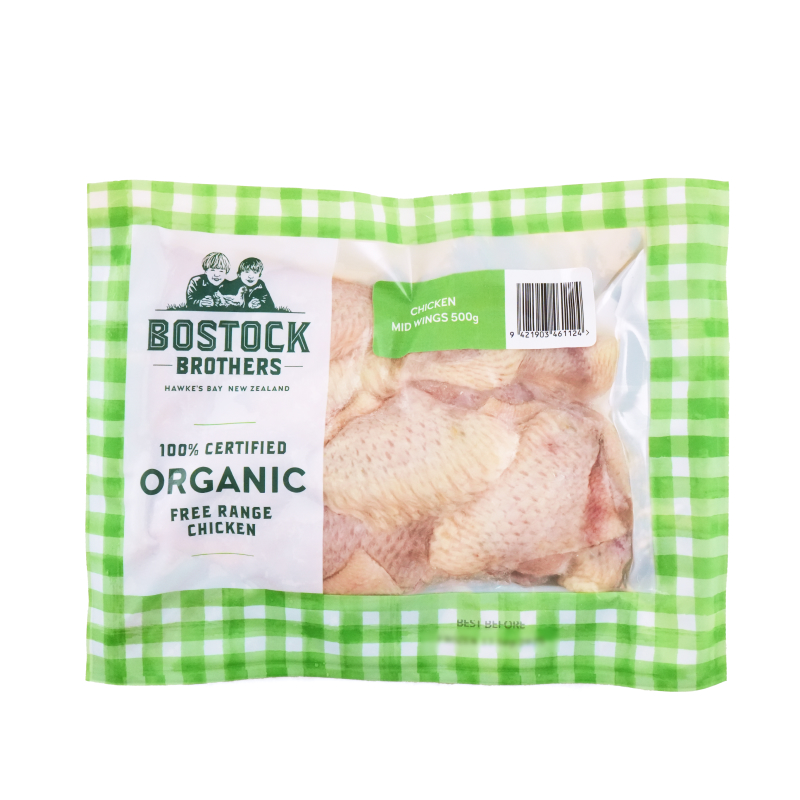 Frozen NZ Bostock Brothers Organic Chicken Mid-Wings 500g*