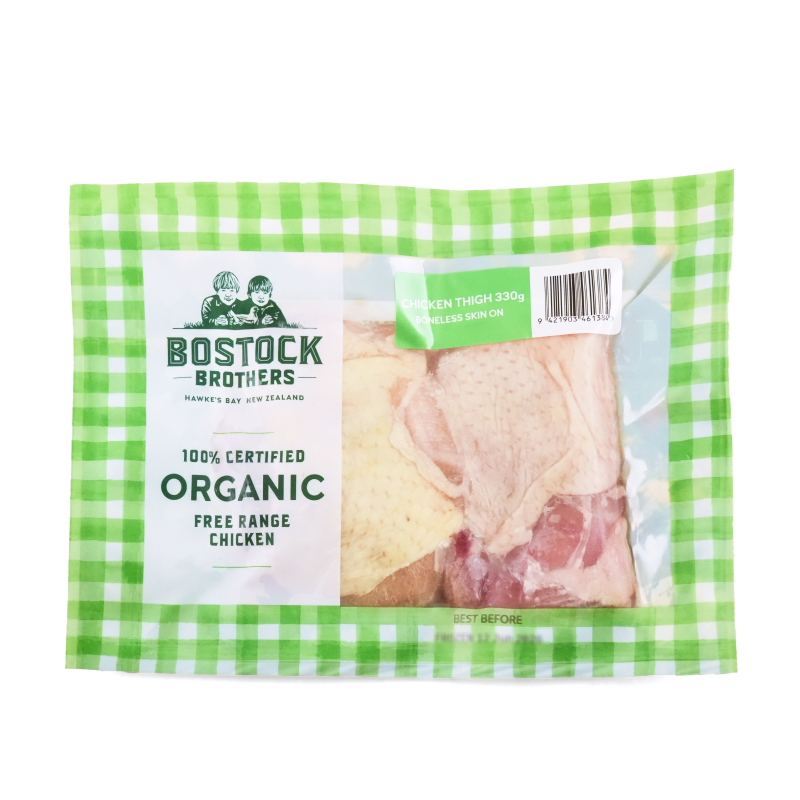 Frozen NZ Bostock Brothers Organic Chicken Boneless Thighs Skin On 330g*