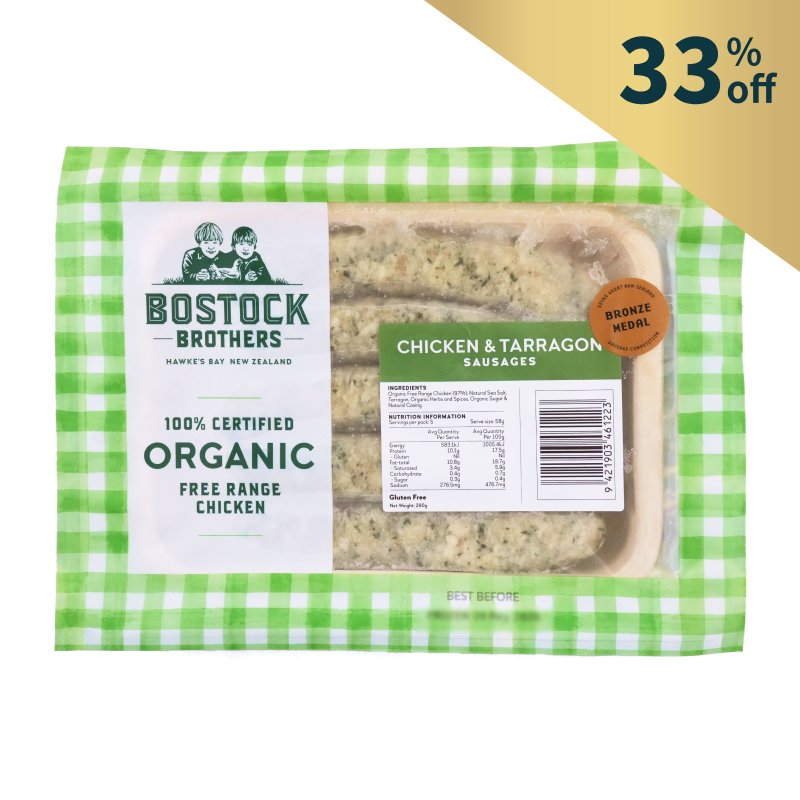 Frozen Bostock Brothers Organic Chicken & Tarragon Sausages (5pcs) 300g - New Zealand*